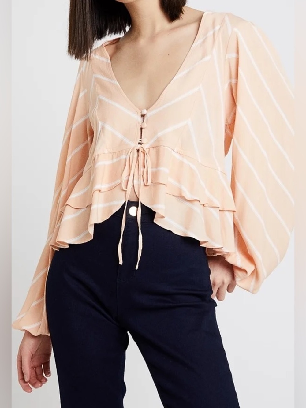 Free People - Samifran Peach Stripe Button Tie Front Long Sleeve Blouse Medium